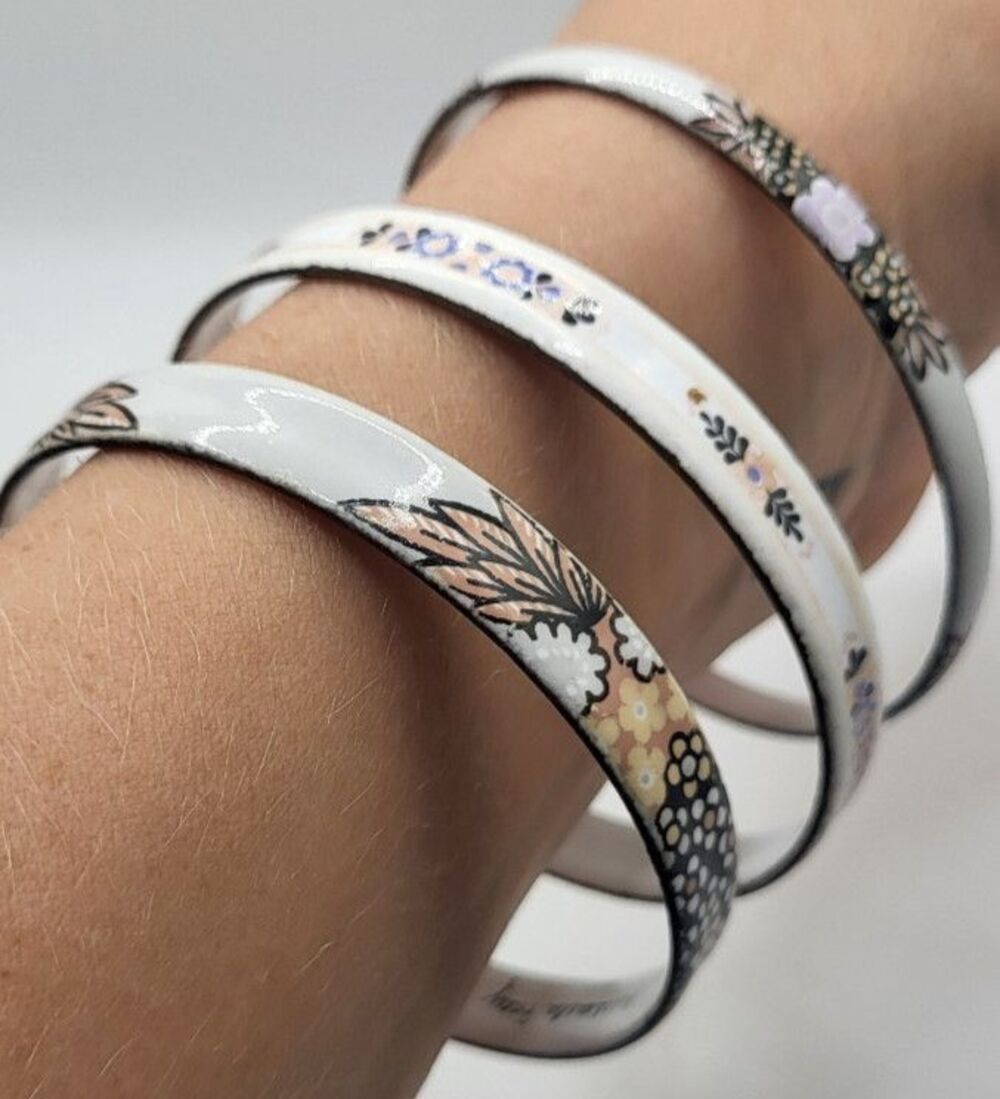 Vintage Michaela Frey Wien Enamel Bangle Bracelet Set of 3 Floral Austria Stack